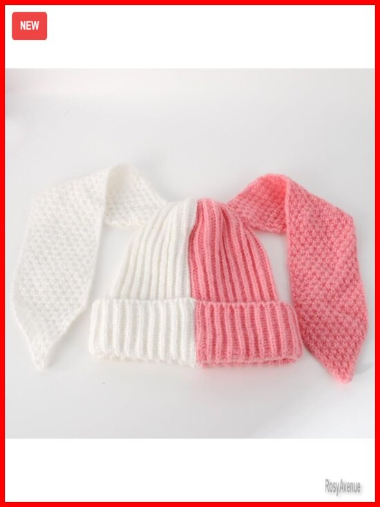 Color Block Knit Beanie Hat with Cute Bunny Long Ears Winter Cap main image 5